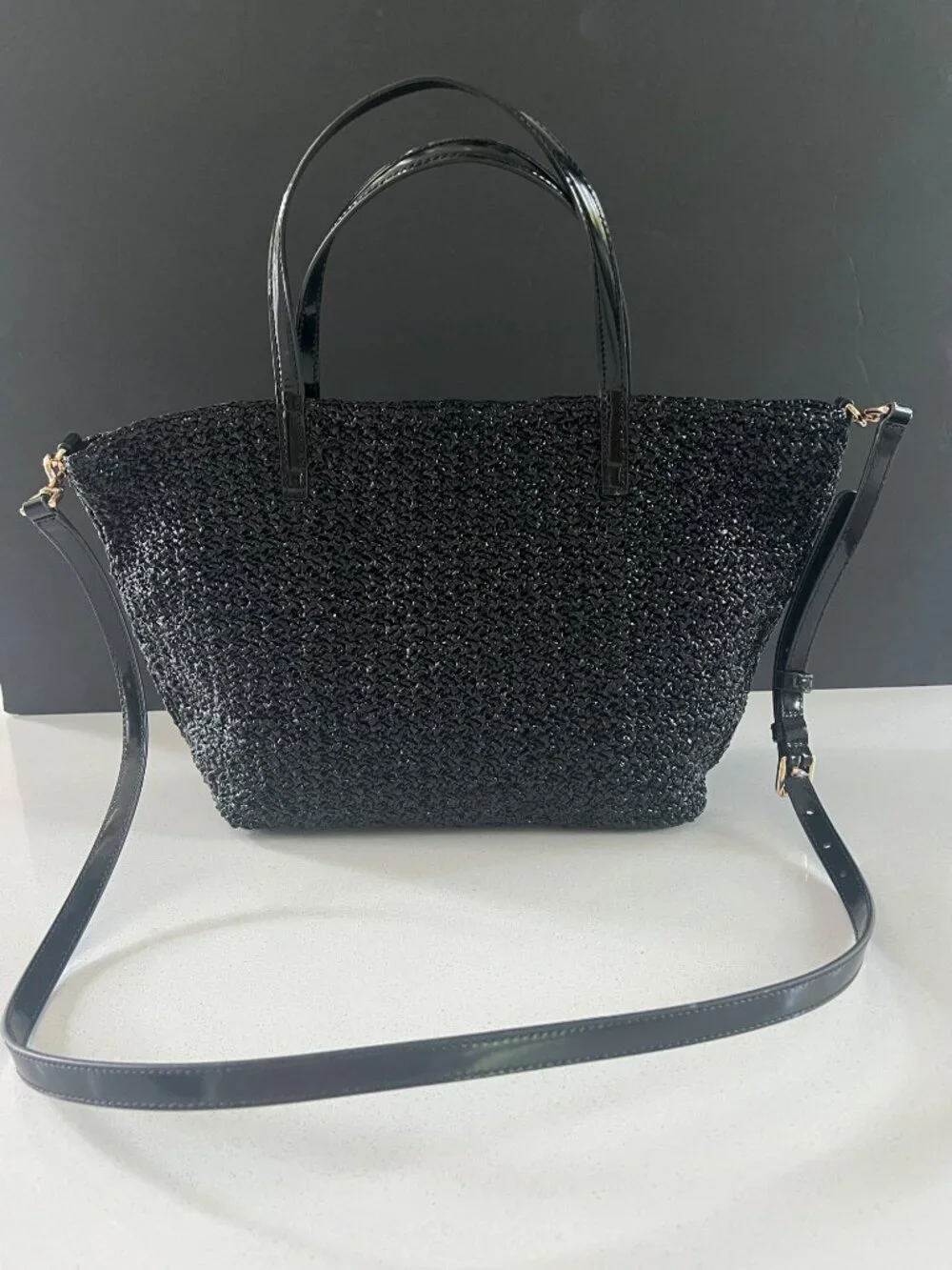 TORY BURCH Emerson Lacquered BLACK Raffia Small Tote